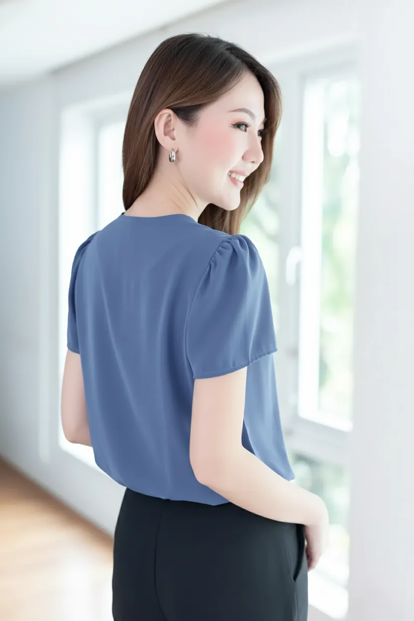 MT0601 V-Collar Sophie Blouse – Indigo Blue - Image 5