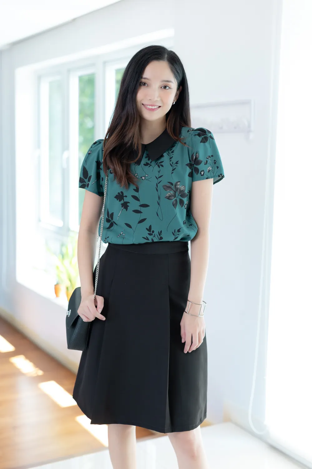 MT1301 Point Collar Twig Blouse – Teal Green - Image 6