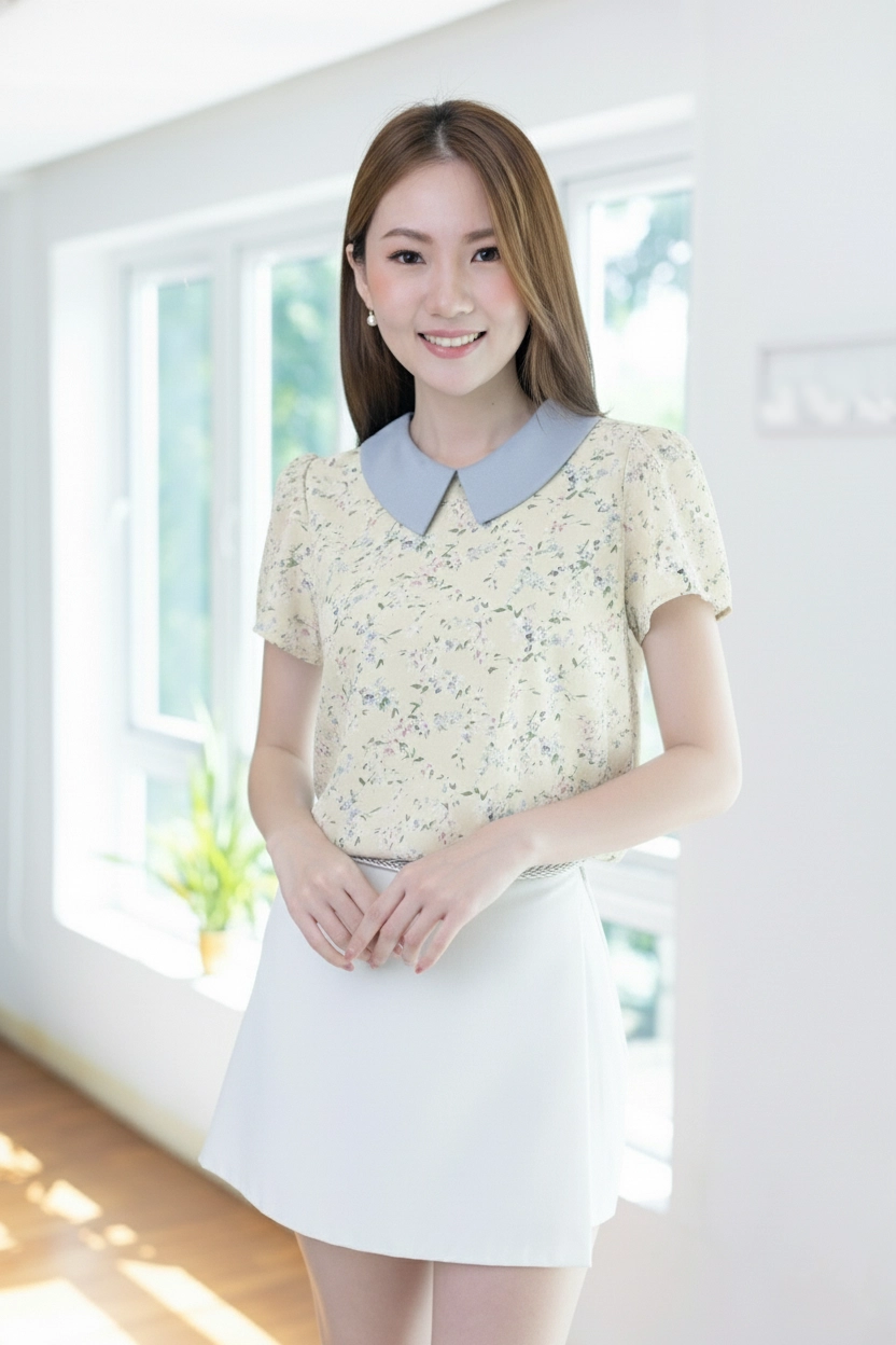MT1301 Point Collar Floral Blouse – Butter Yellow