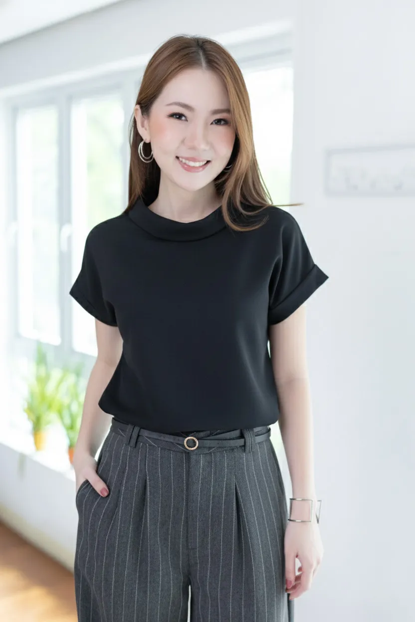 MT2514 Folded Collar Blouse – Black