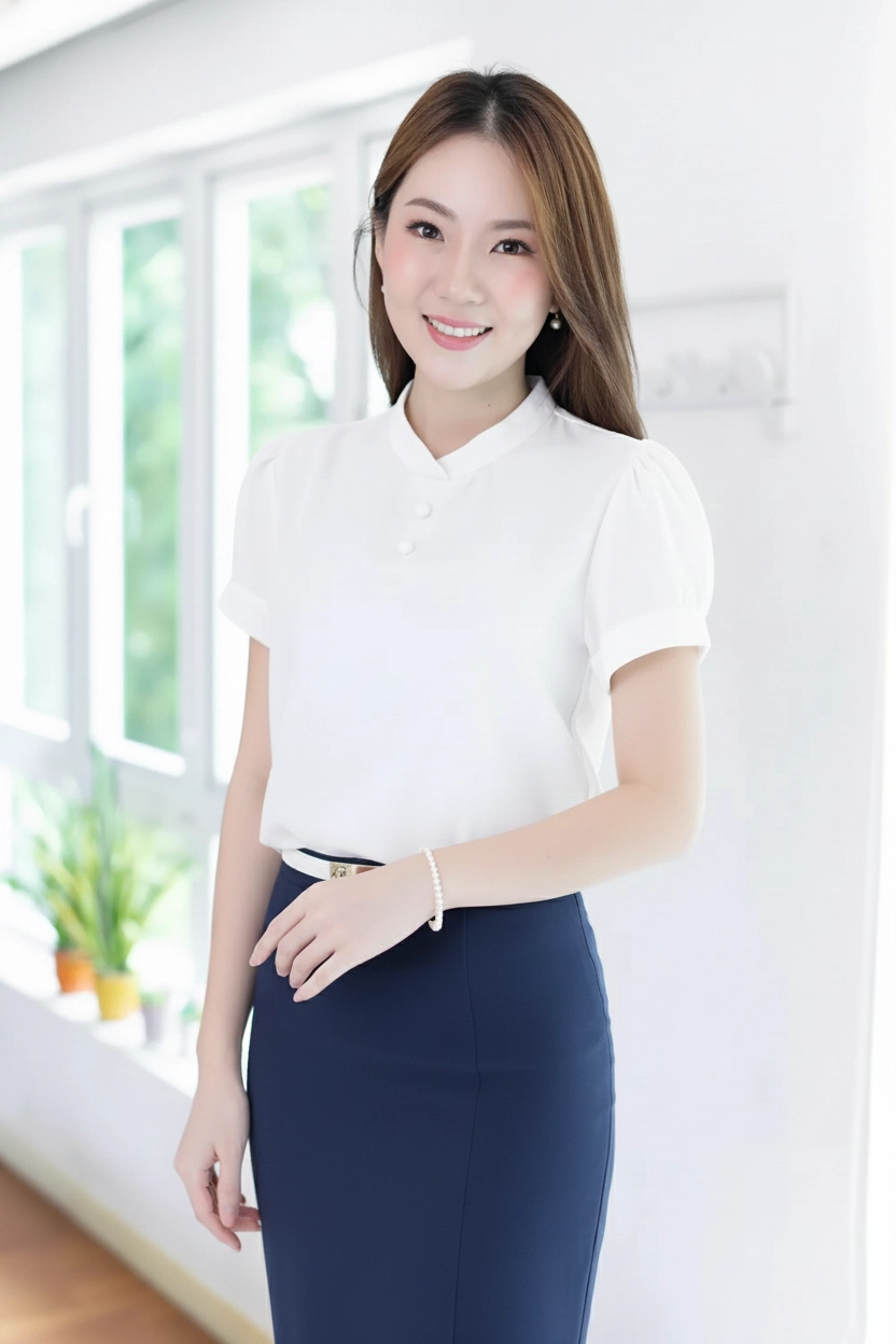 MT3906 Overlap Collar Double Button Blouse – All White