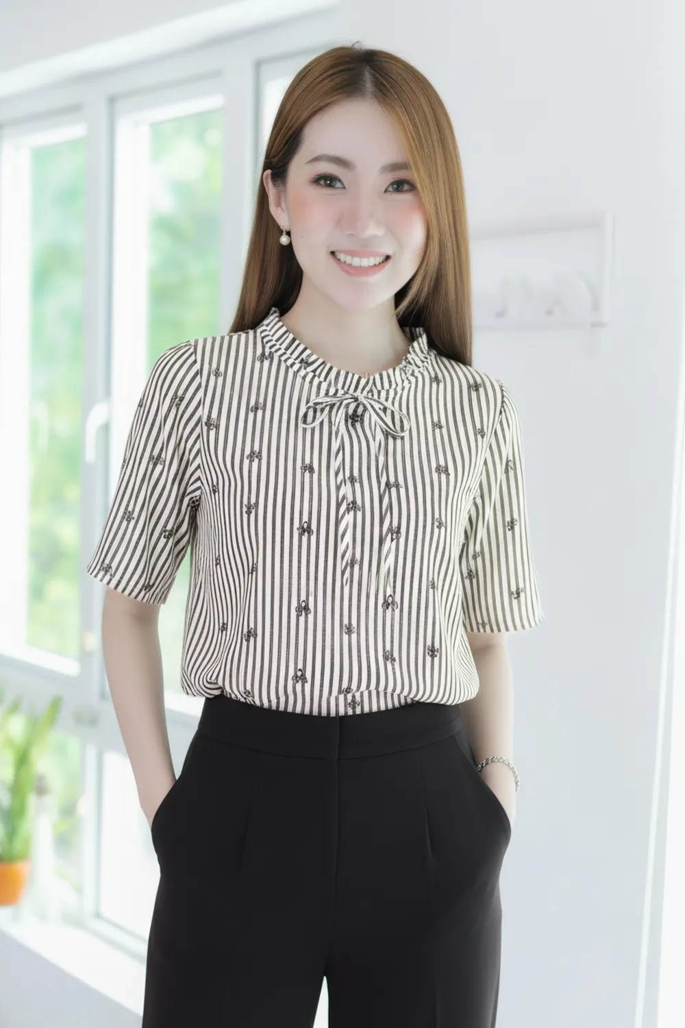 MT6752 Ruff Bow Collar Striped Blouse – Vanilla