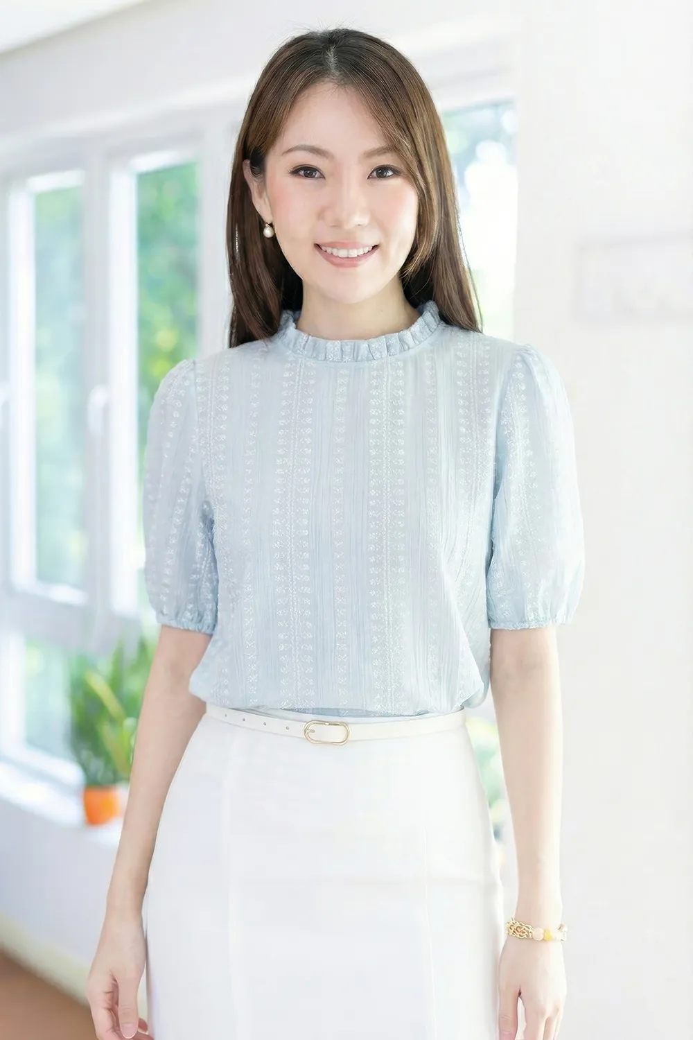 NT2457 Ruff Collar Textured Blouse – Light Blue