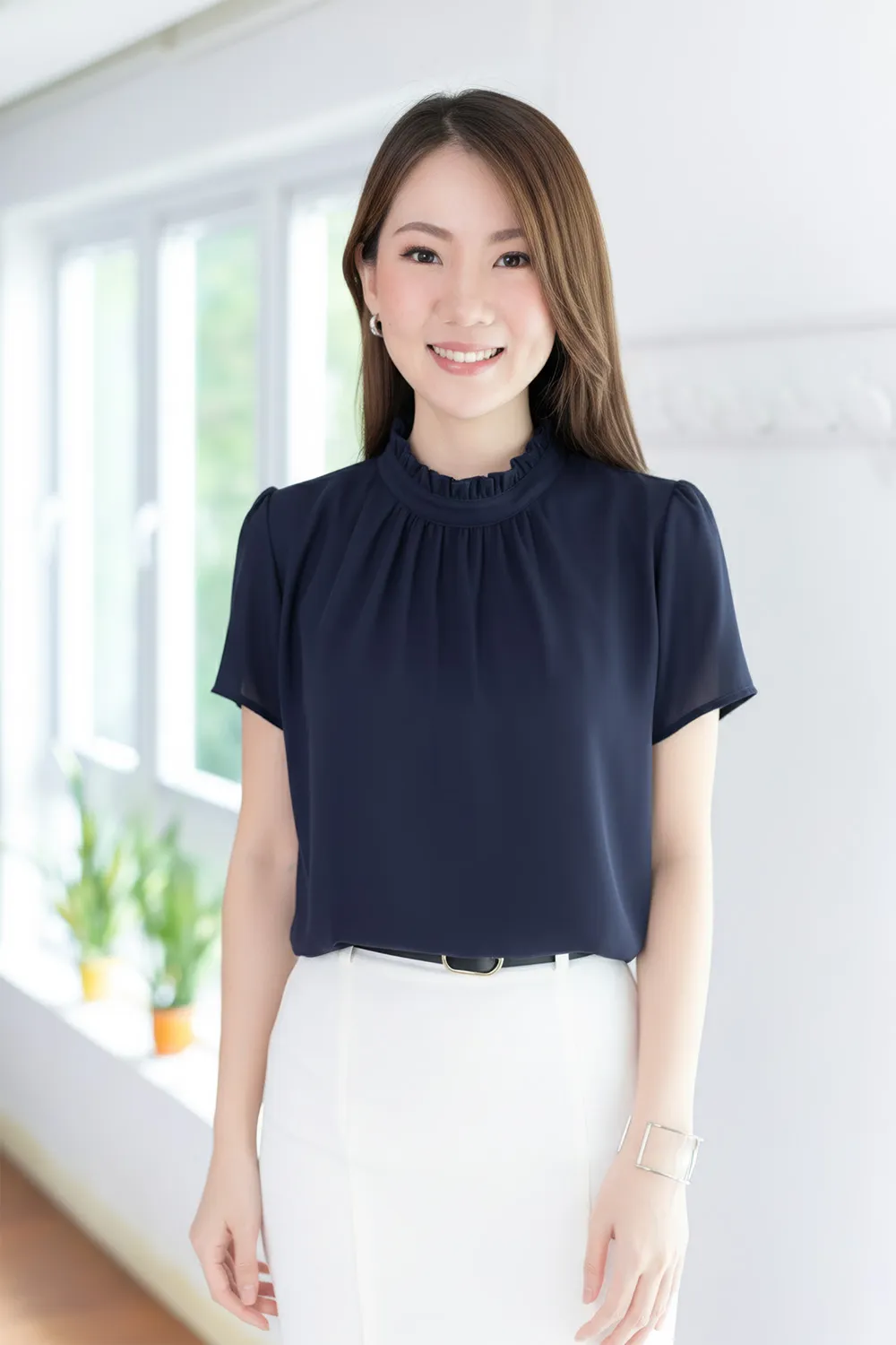 NT2461 Ruff Collar Blouse – Dark Navy Blue