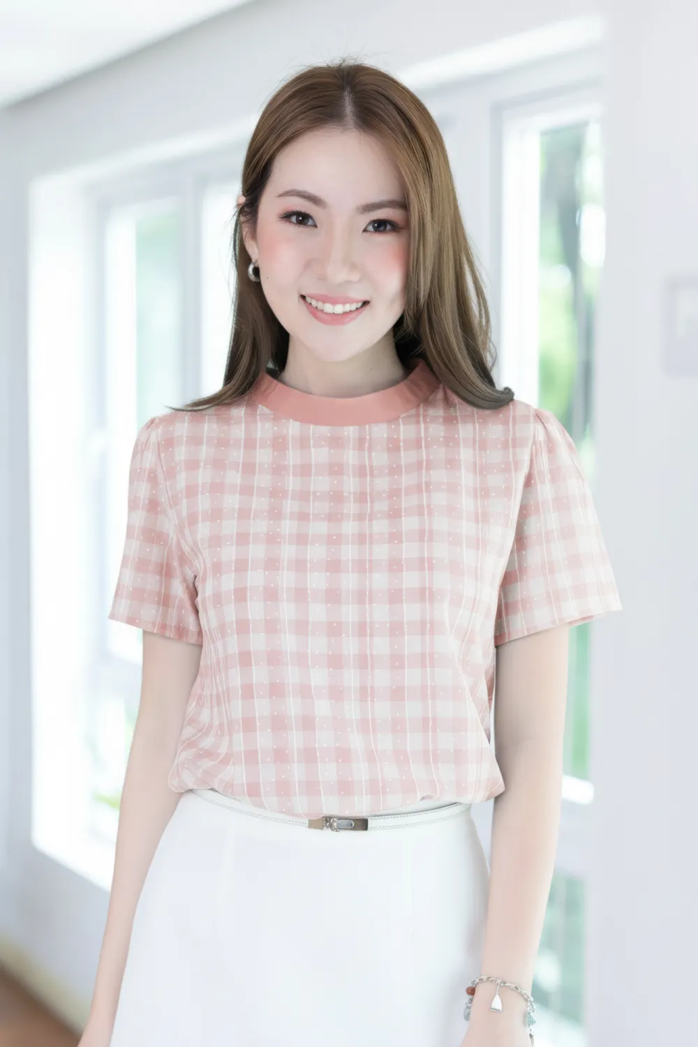 NT2519 Band Collar Icing Blouse – Gauzy Pink
