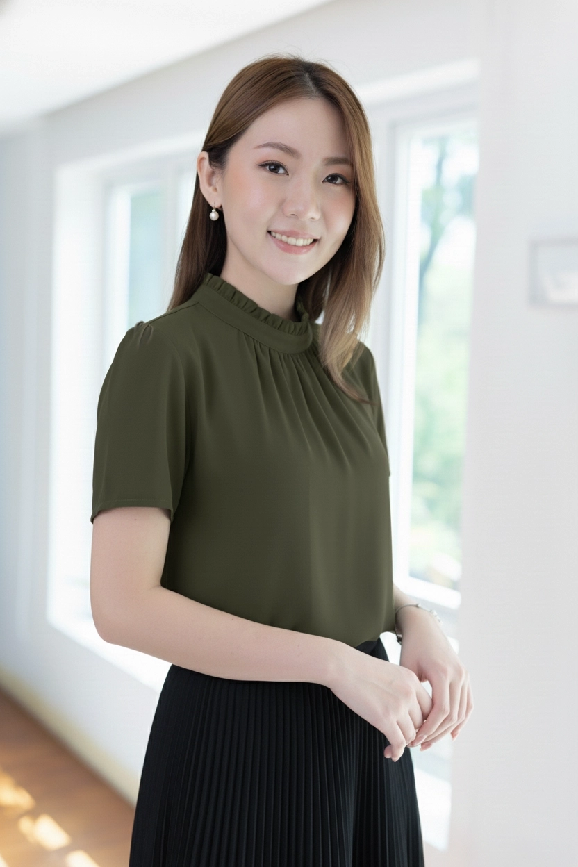 NT2461 Ruff Collar Blouse – Military Green - Image 5