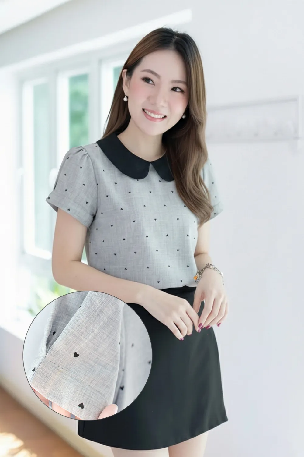MT0106 Peter Pan Collar Folded Sleeve Blouse – Grey-Heart