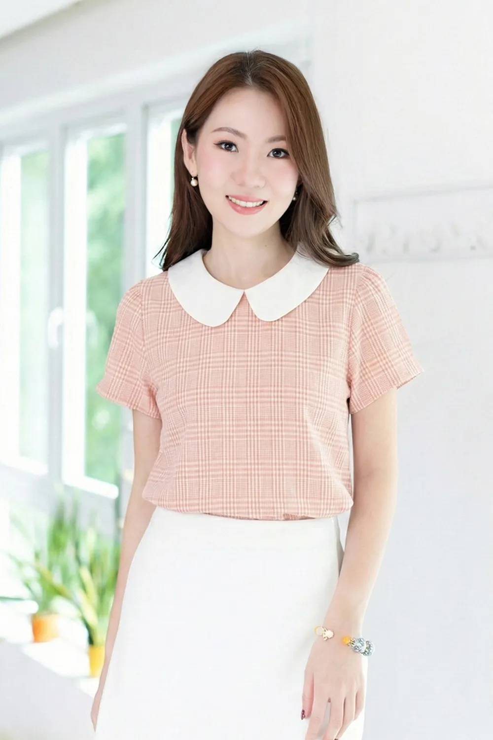 MT0106 Peter Pan Collar Folded Sleeve Blouse – Peach Tartan