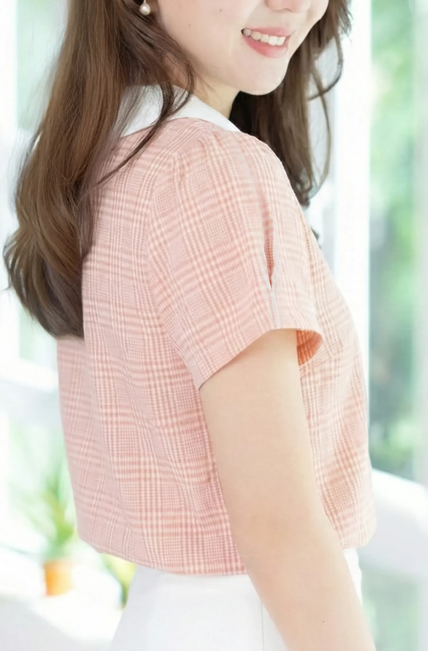 Alternative view of MT0106 Peter Pan Collar Folded Sleeve Blouse – Peach Tartan