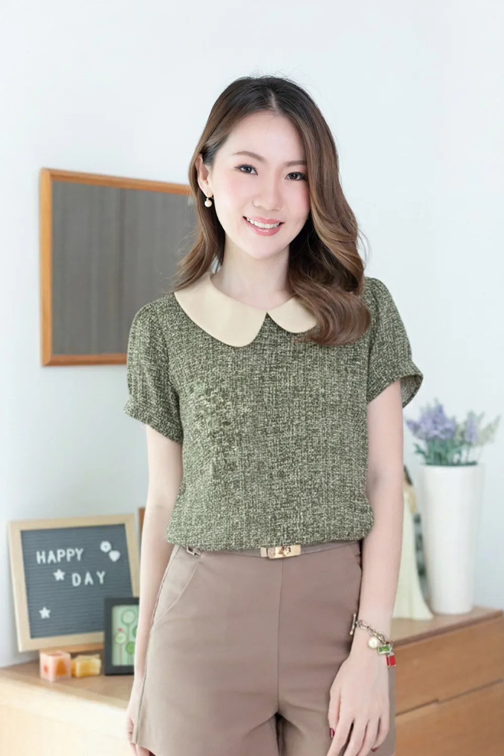 MT0106 Peter Pan Collar Folded Sleeve Blouse – Dark Olive