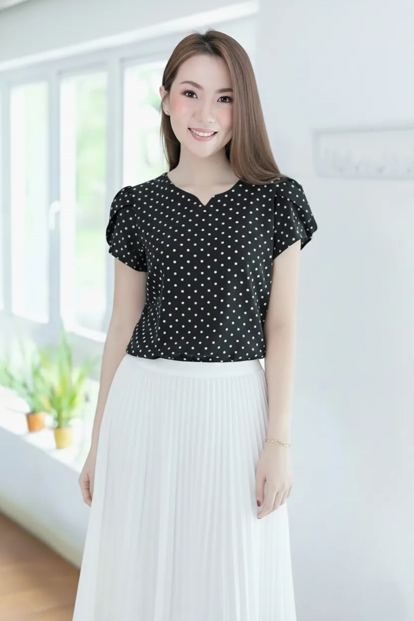 MT0202 Dot Petal Sleeve Blouse – Black