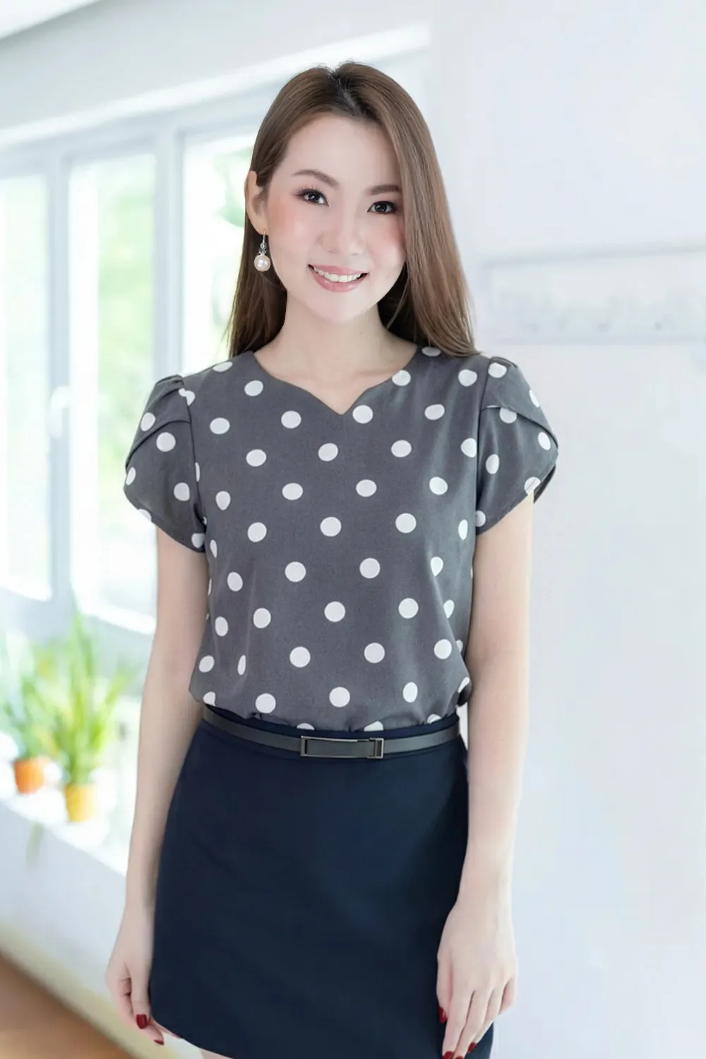 MT0202 Dot Petal Sleeve Blouse – Dark Grey