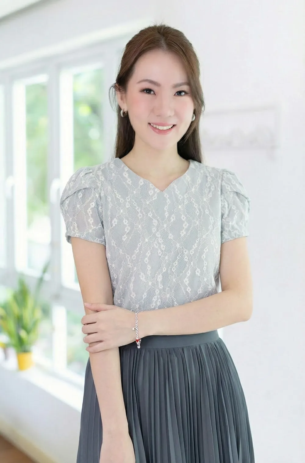 MT0202 Lace Petal Sleeve Blouse – Light Grey - Image 4