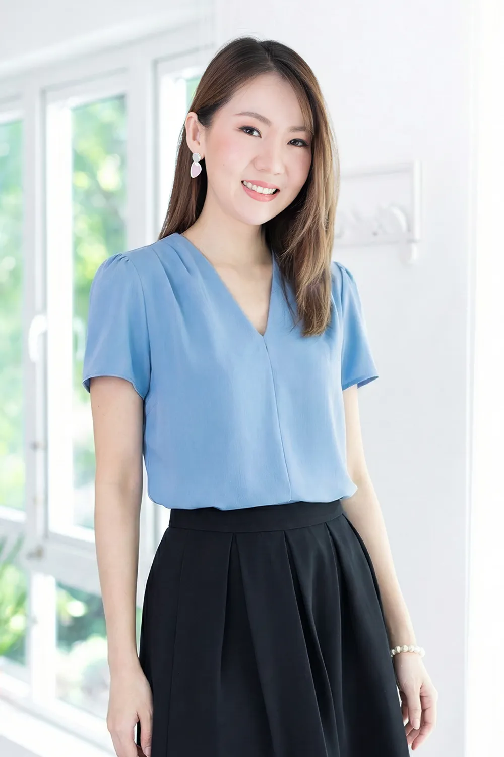 MT0601 V-Collar Satin Blouse – Sky Blue