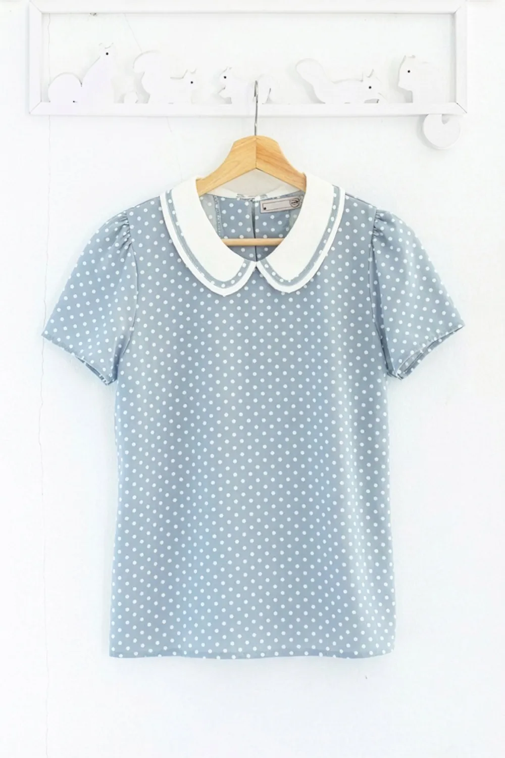 MT4101 Trimmed Peter Pan Dot Collar Blouse – Faded Blue - Image 4