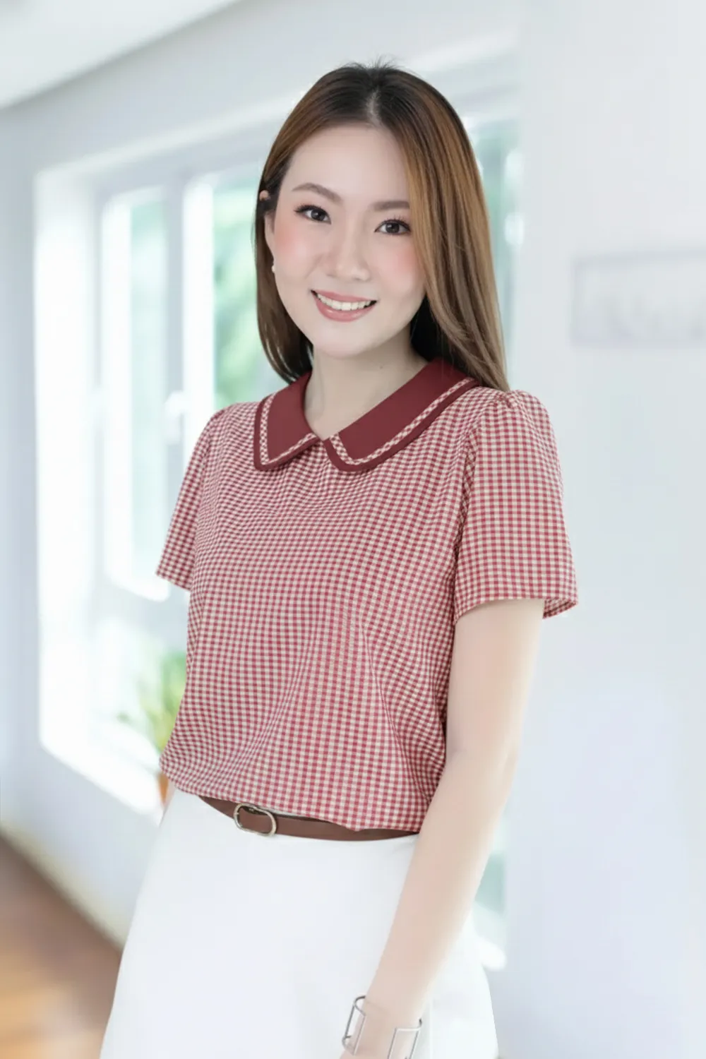 MT4101 Trimmed Peter Pan Collar Blouse – Red Gingham