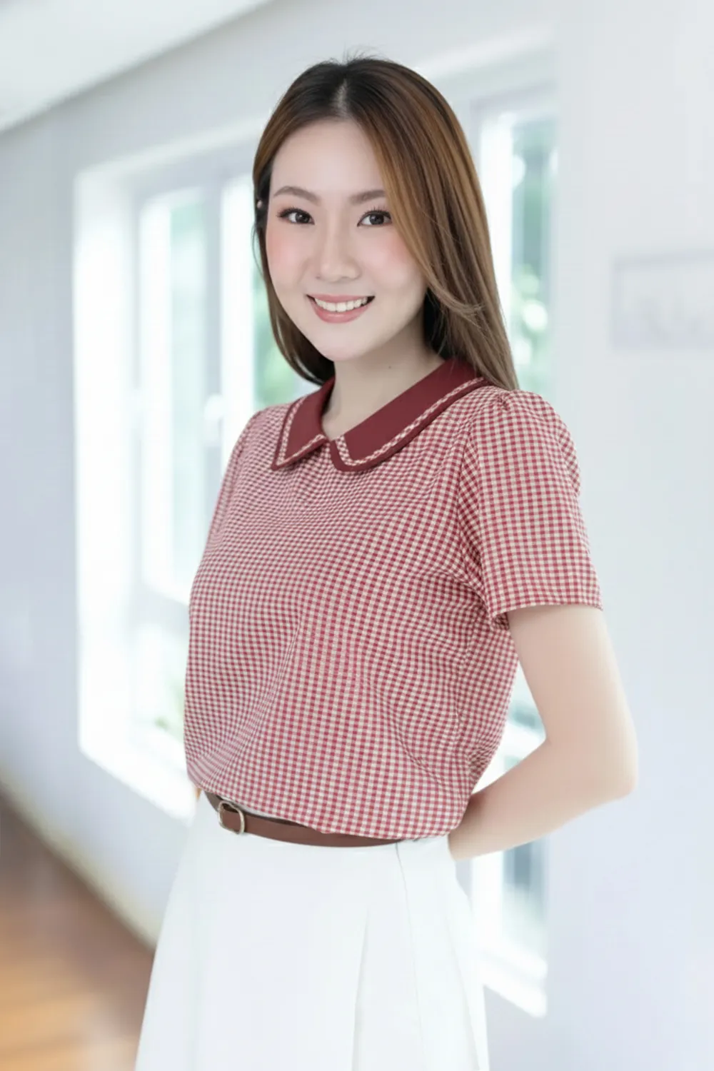 MT4101 Trimmed Peter Pan Collar Blouse – Red Gingham - Image 3