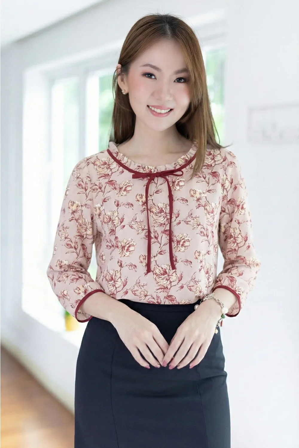 MT4834 Ruff Collar Floral Blouse – Pink-Red
