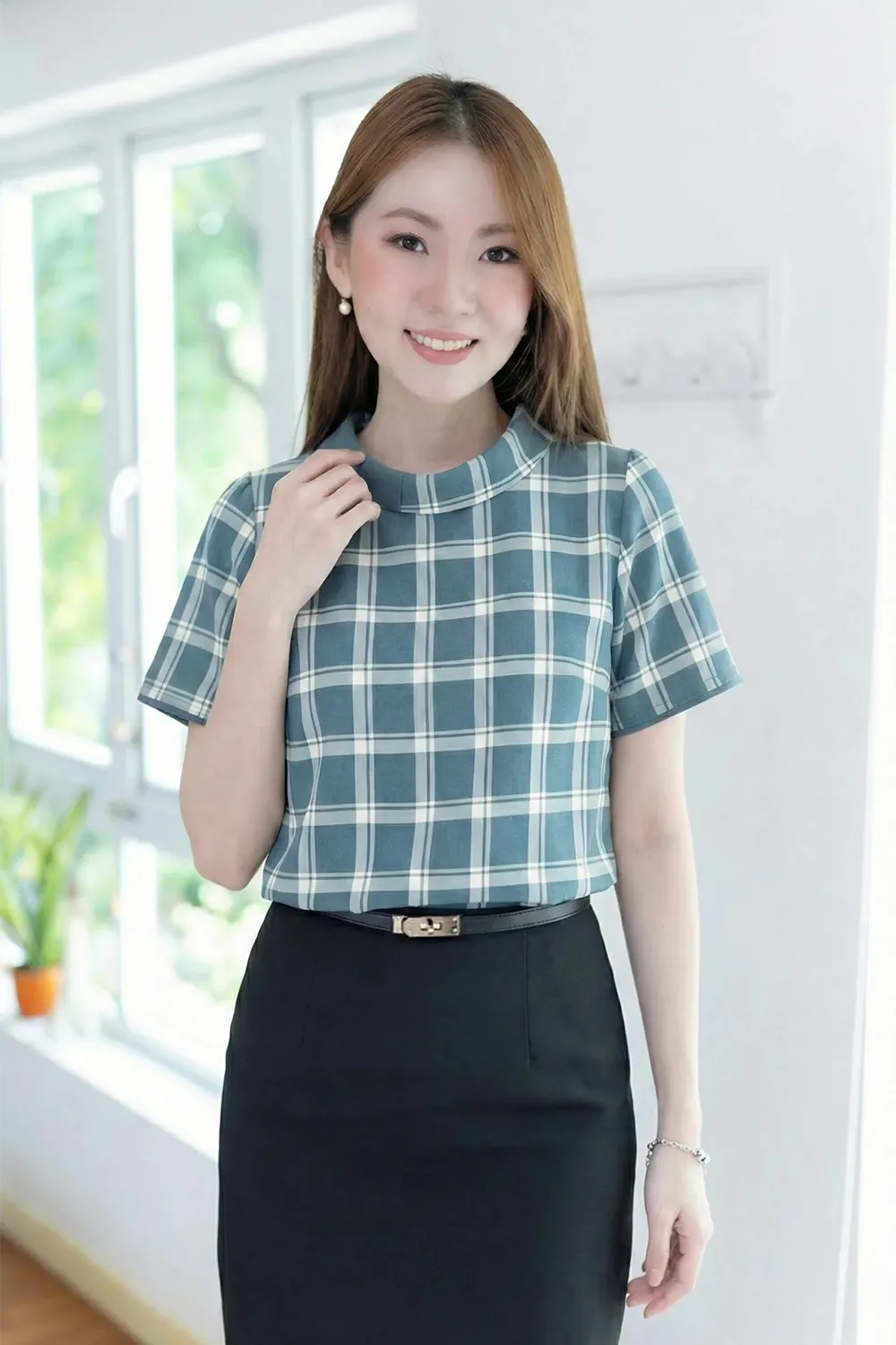 MT6547 Check-Accent Folded Collar Blouse – Dusty Teal