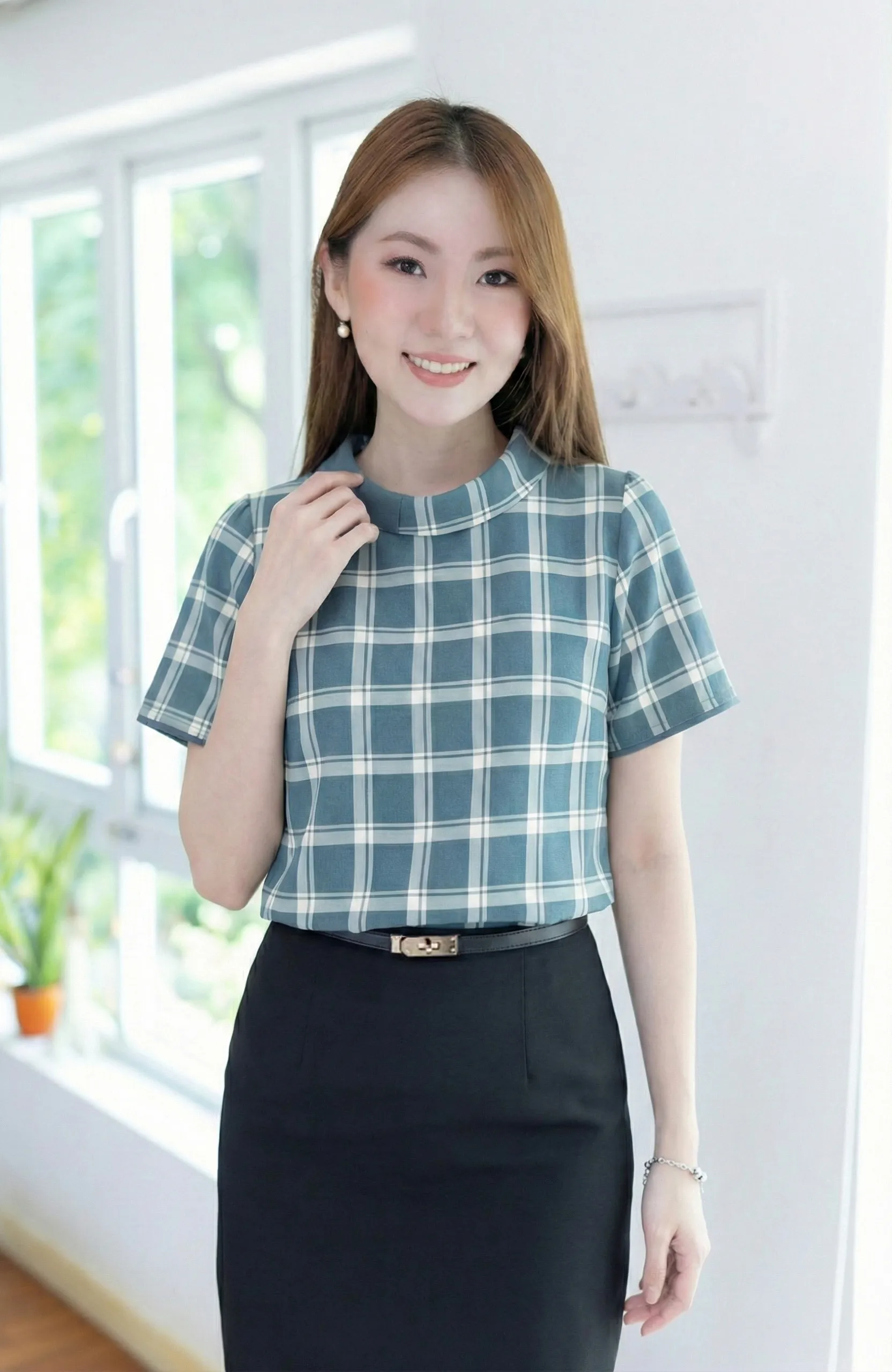 MT6547 Teal-Accent Folded Collar Blouse – Checkered Dusty Teal - Image 6