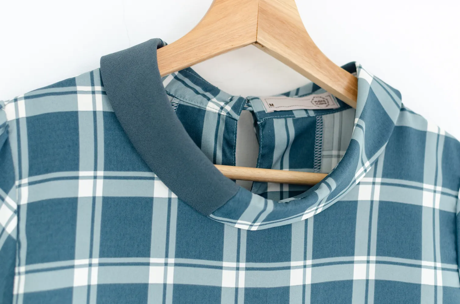 MT6547 Teal-Accent Folded Collar Blouse – Checkered Dusty Teal - Image 3