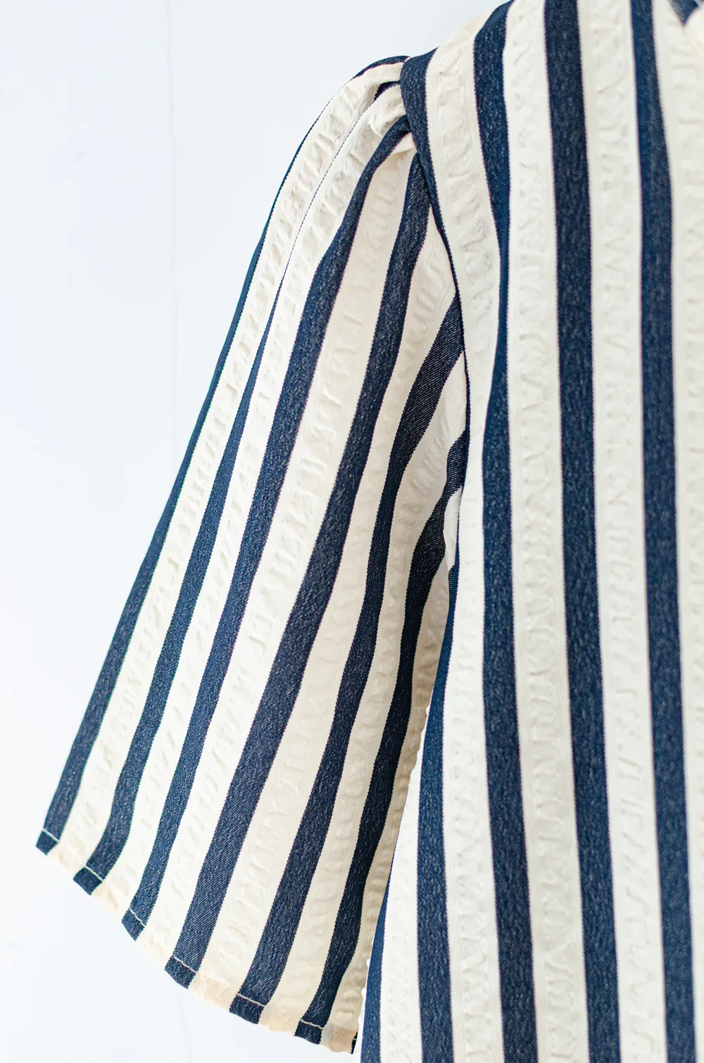 MT6752 Stripe Ruff Collar Blouse – Cream-Denim - Image 5