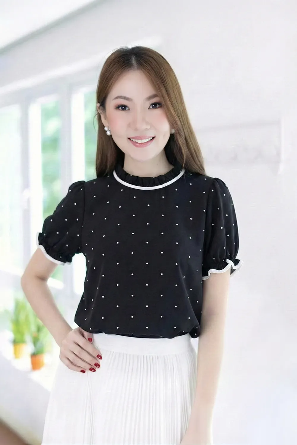 MT6753 Ruff Collar Puff Sleeve Blouse – Dot Black