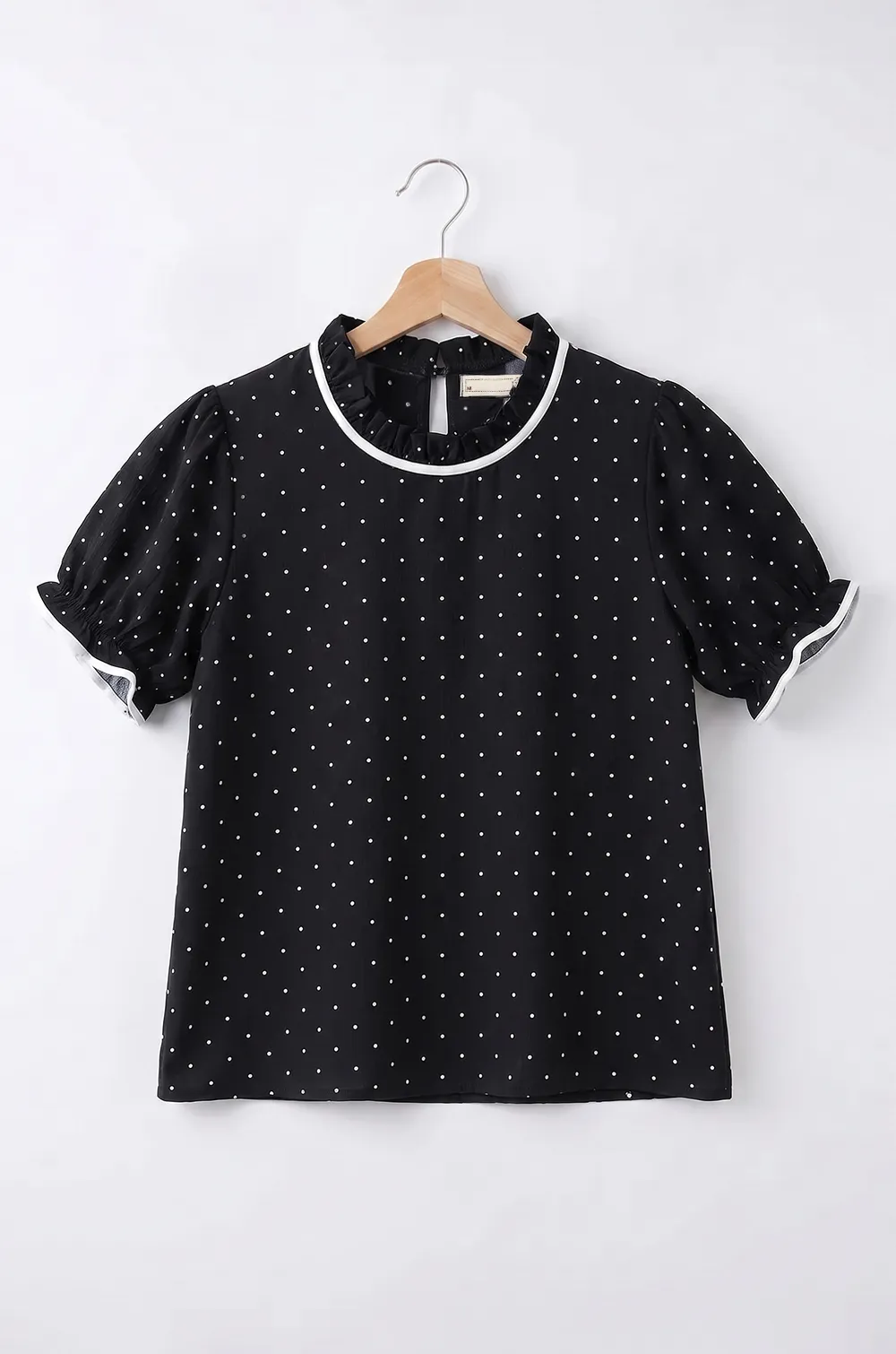 Alternative view of MT6753 Ruff Collar Puff Sleeve Crinkled Blouse – Dot Black