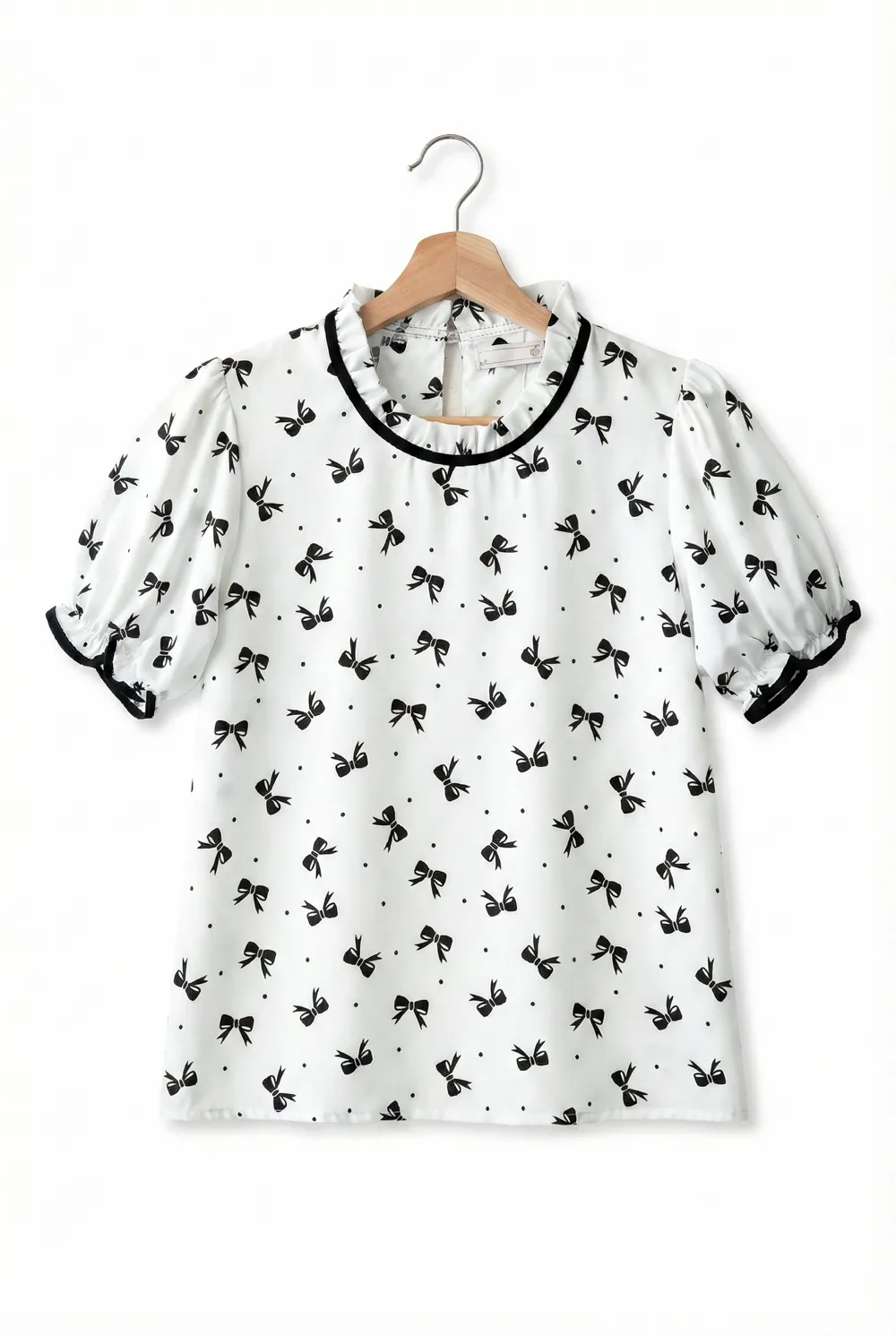 Alternative view of MT6753 Ruff Collar Puff Sleeve Blouse – Bow White