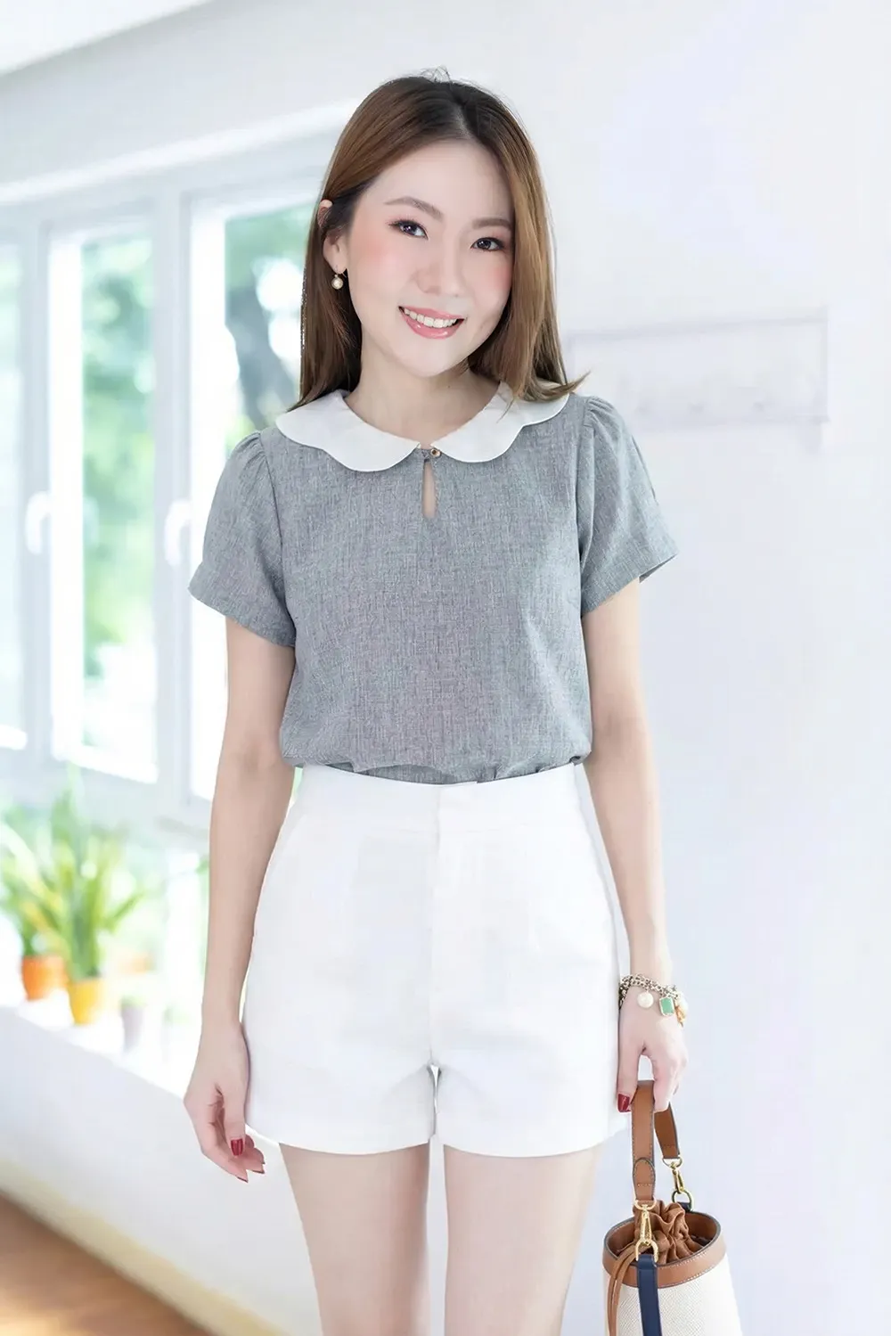 MT6906 Petal Collar Folded Sleeve Blouse – Grey Marl - Image 8