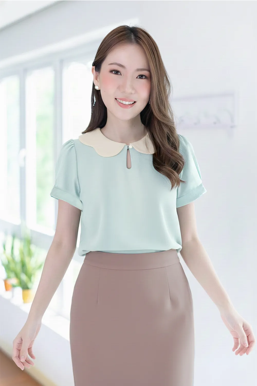 MT6906 Petal Collar Folded Sleeve Blouse – Mint Blue