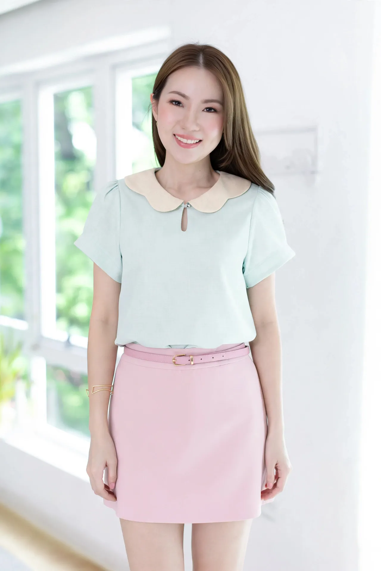 MT6906 Petal Collar Folded Sleeve Blouse – Mint Blue - Image 3