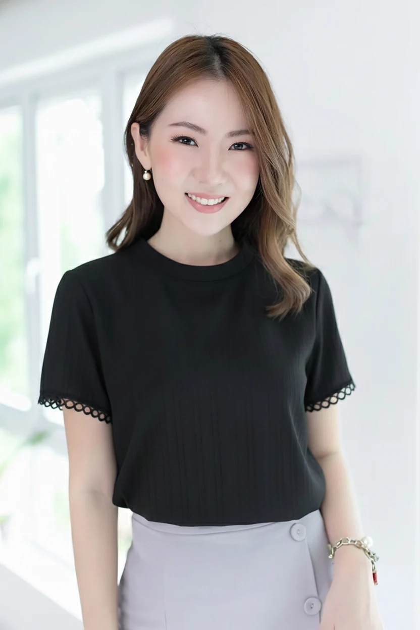 NT2521 Band Collar Lacey Textured Blouse – Black