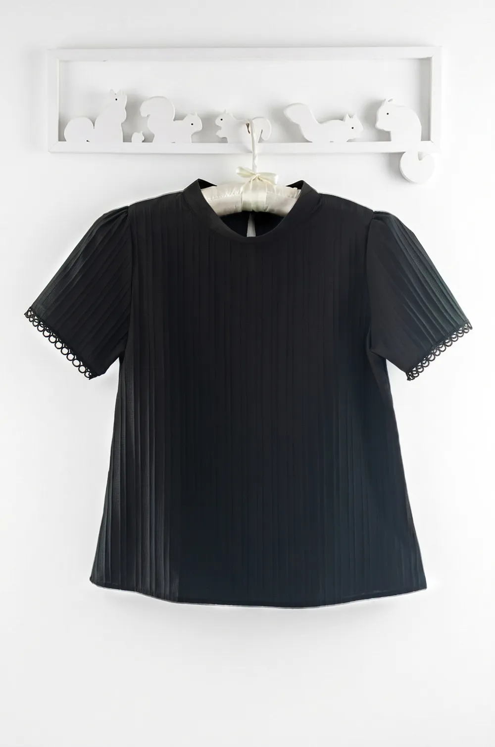 NT2521 Band Collar Lacey Textured Blouse – Black - Image 3