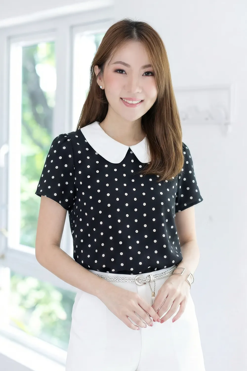 MT0101 Peter Pan Collar Crinkled Blouse – Dot Black
