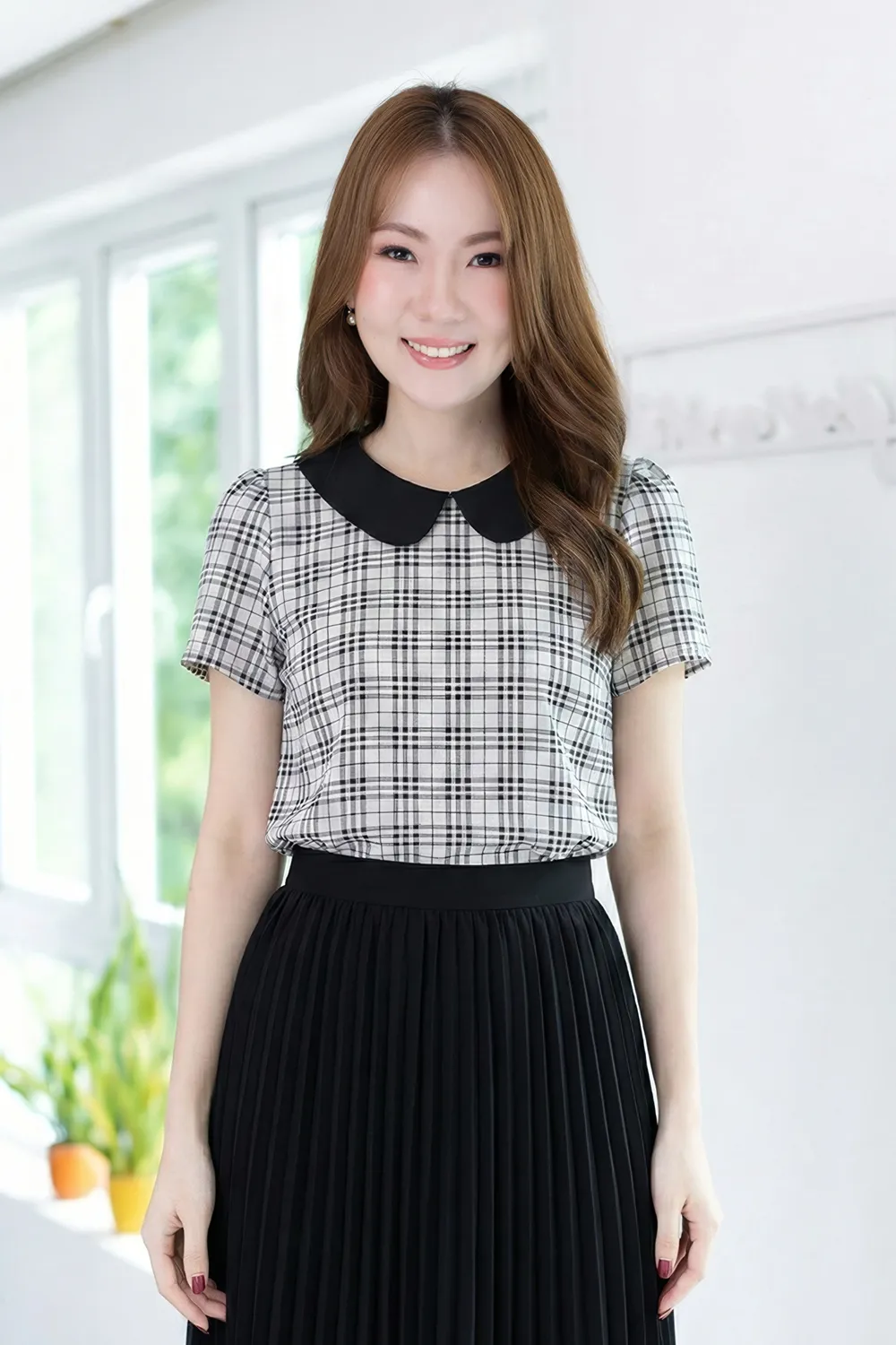 MT0101 Peter Pan Collar Plaid Blouse – Grey