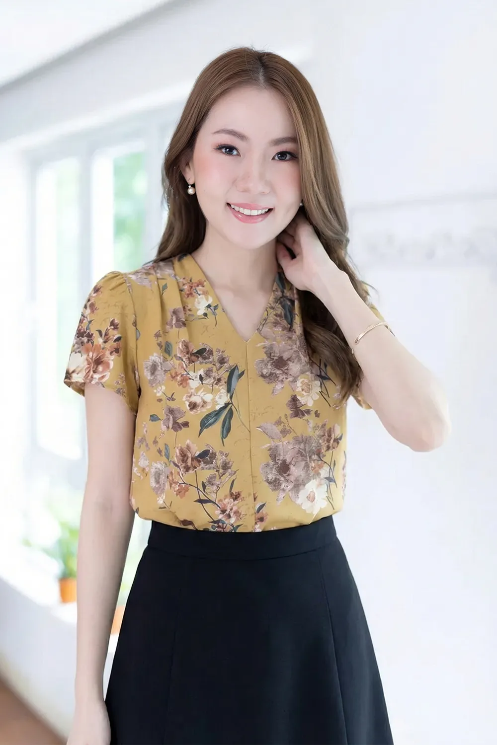 MT0601 V-Collar Faded Flower Print Blouse – Mustard