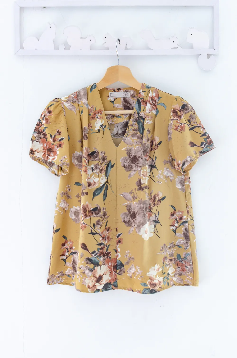 Alternative view of MT0601 V-Collar Faded Flower Print Blouse – Mustard