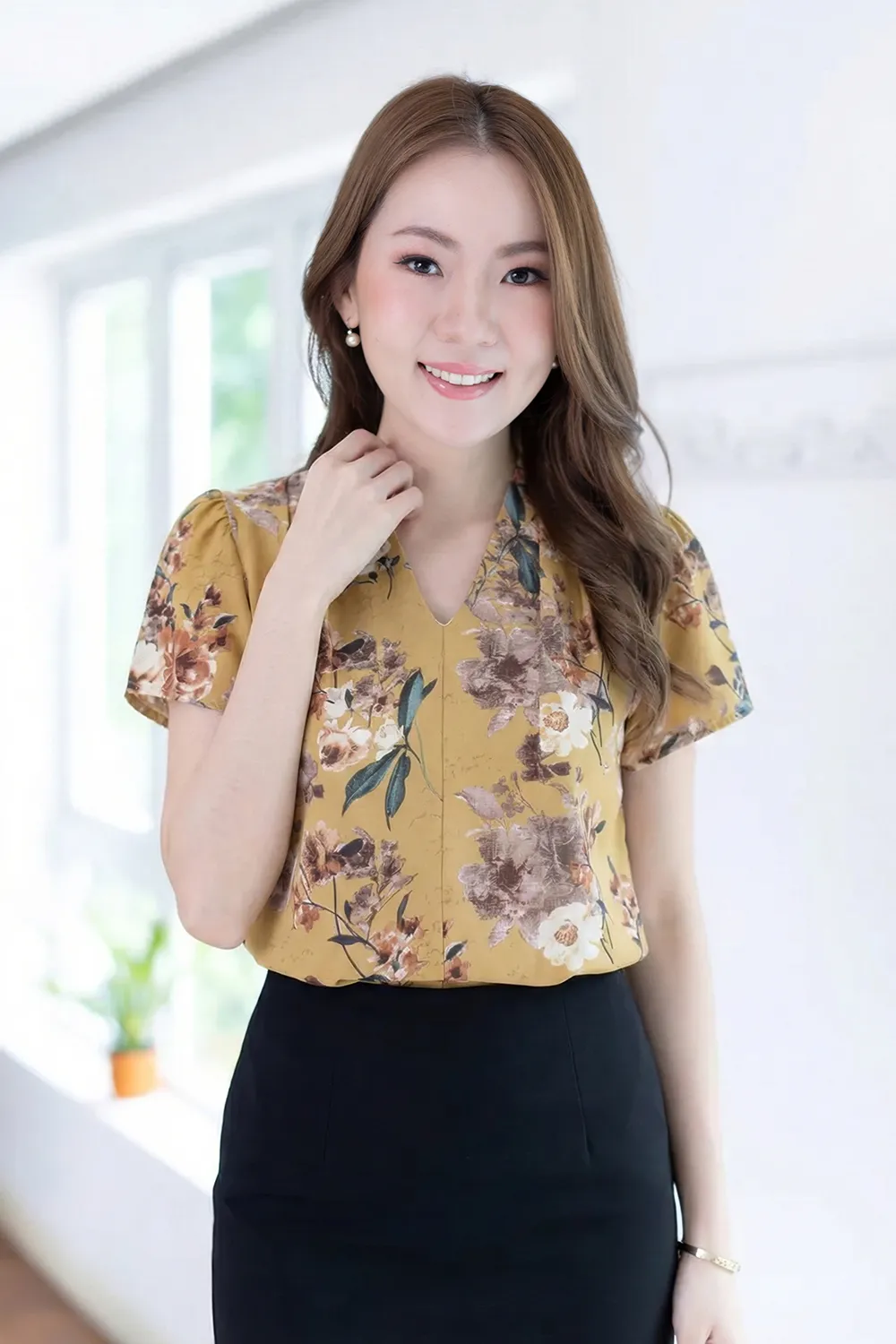 MT0601 V-Collar Faded Flower Print Blouse – Mustard - Image 3