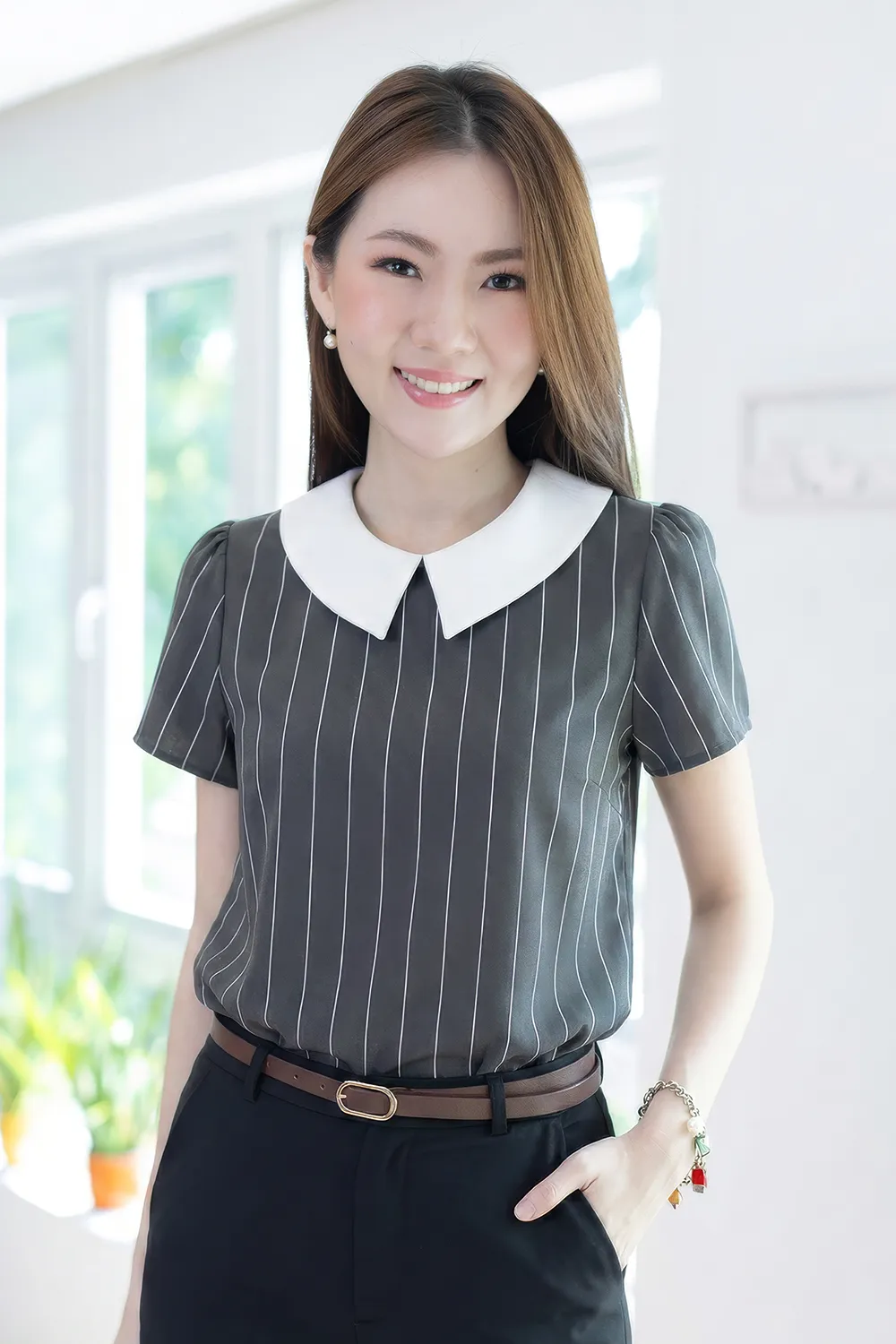MT1301 Point Collar Stripe Blouse – Charcoal Grey