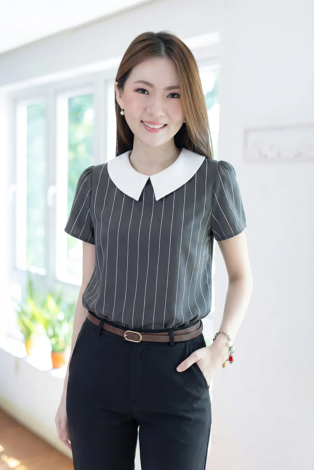 MT1301 Point Collar Stripe Blouse – Charcoal Grey - Image 7