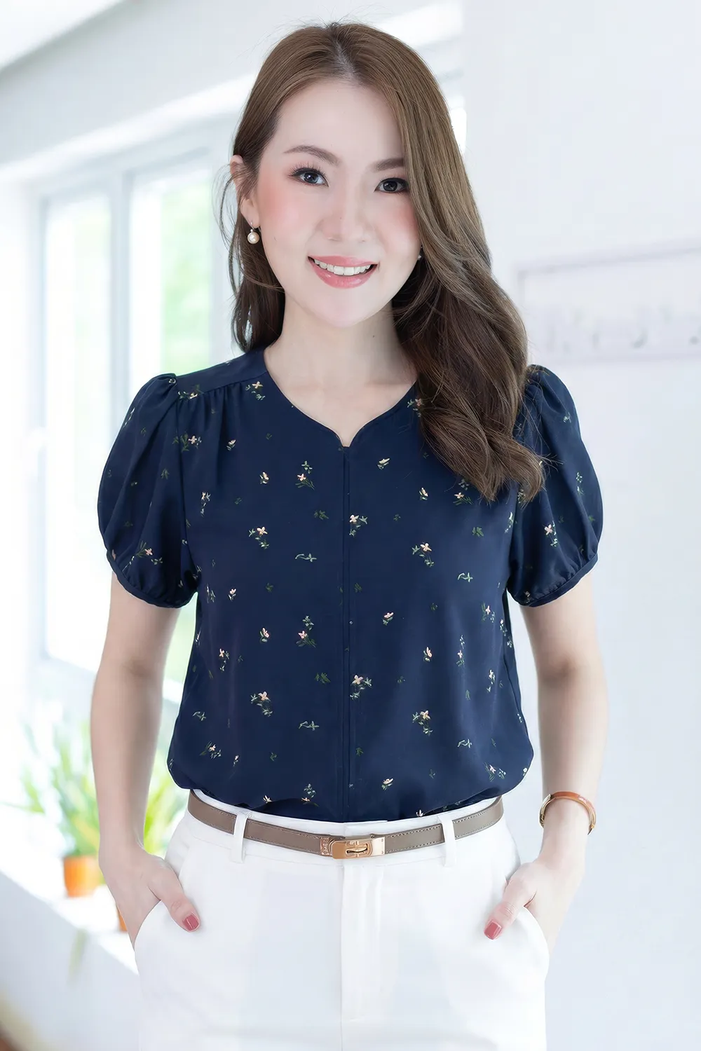 MT4527 Floral Notch Neck Puff Sleeve Blouse – Navy Blue