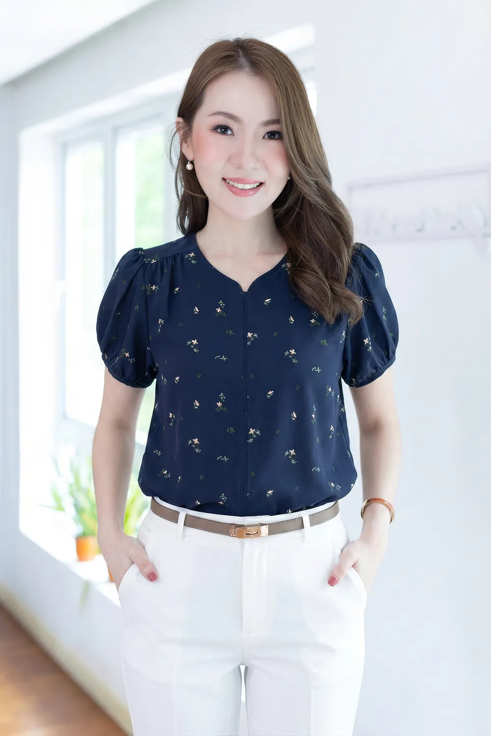 MT4527 Floral Notch Neck Puff Sleeve Blouse – Navy Blue - Image 6