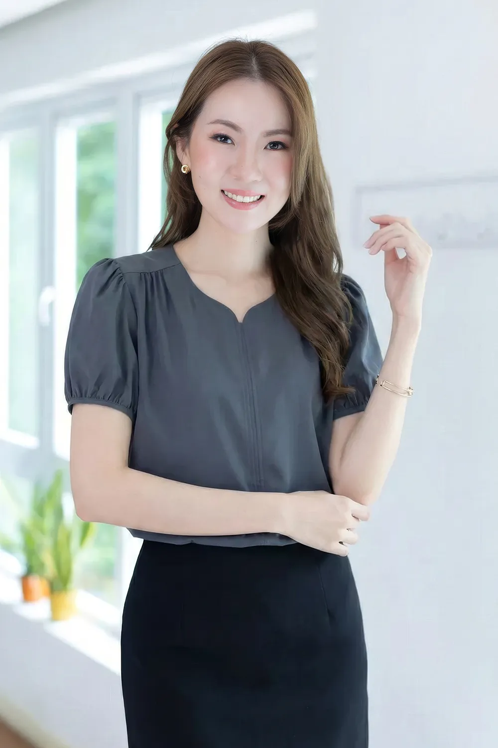 MT4527 Notch Neck Puff Sleeve Blouse – Dark Grey