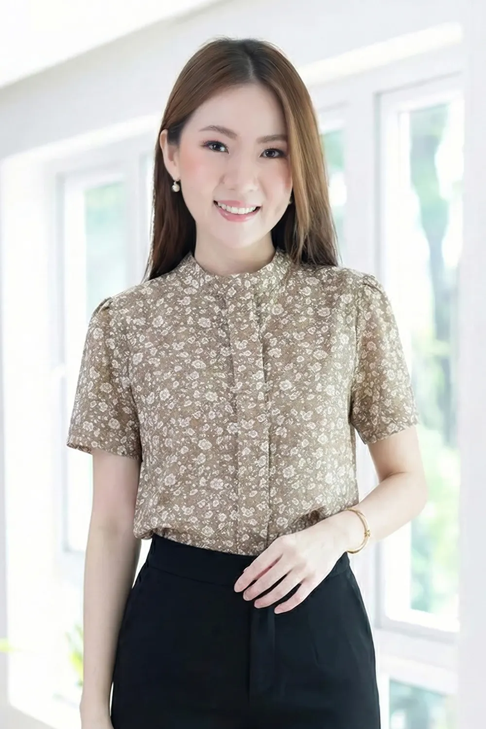MT5239 Floral Band Collar Placket Blouse – Brown