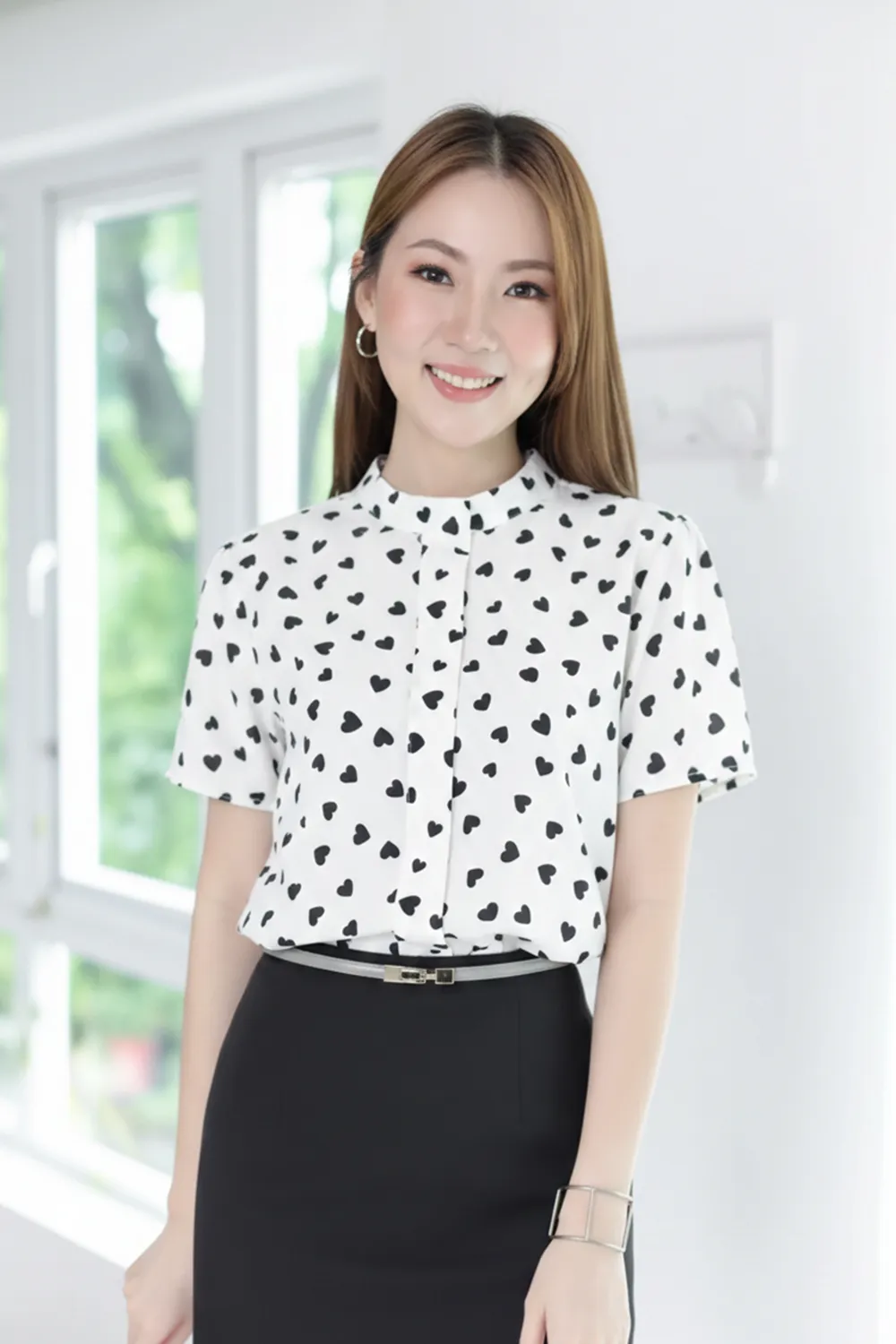 MT5239 Heart Band Collar Placket Blouse – White