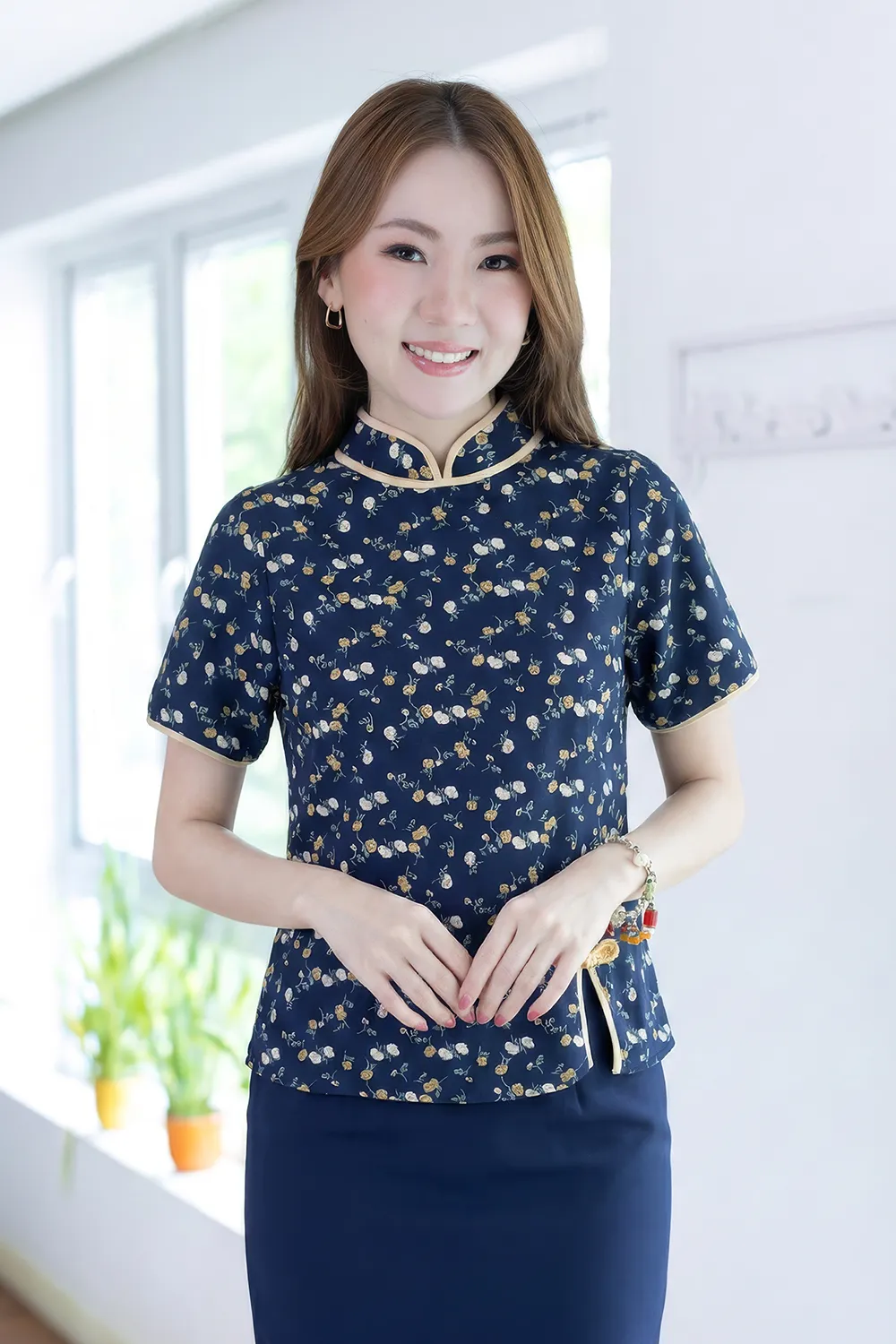 MT6210 Chinese Collar Side Slit Blouse – Calm Blue