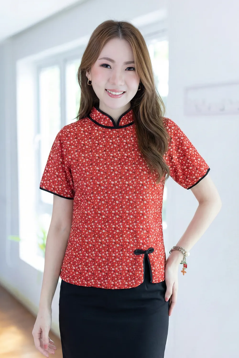 MT6210 Chinese Collar Side Slit Blouse – Joyful Red