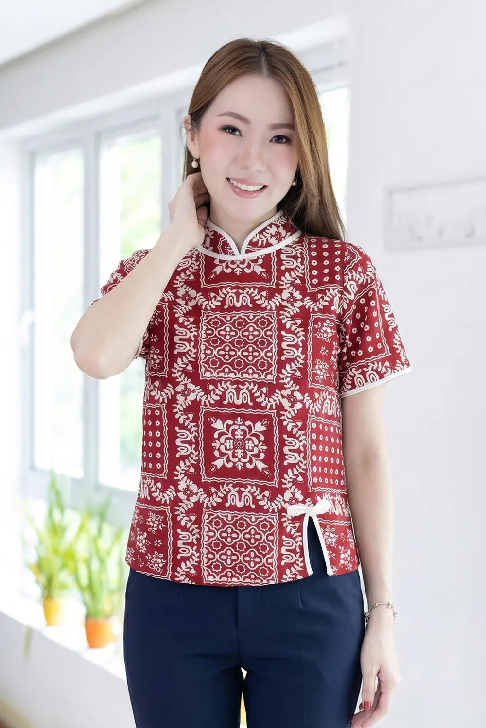 MT6210 Chinese Collar Side Slit Blouse – Lucky Red