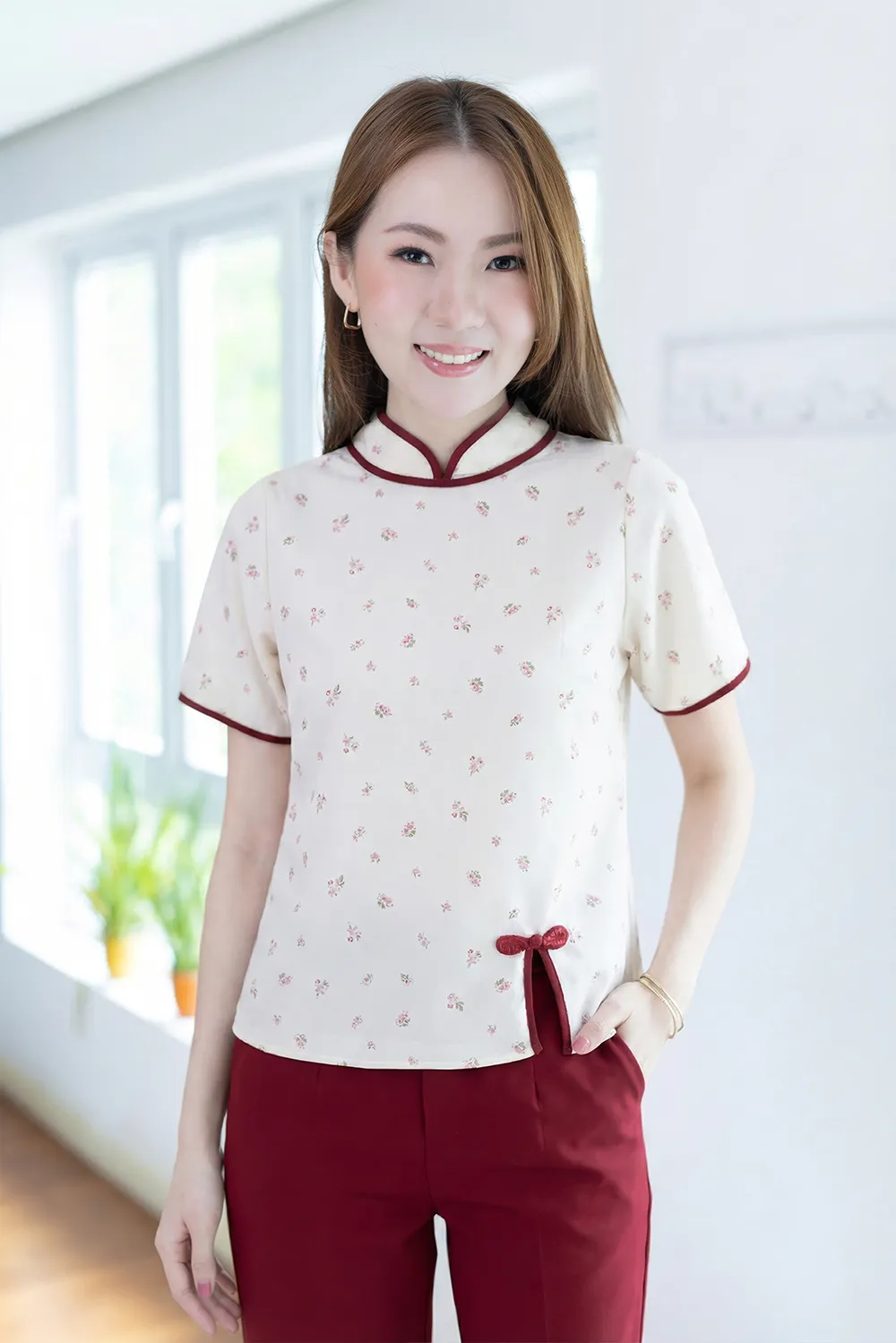 MT6210 Chinese Collar Side Slit Blouse – Blessed White